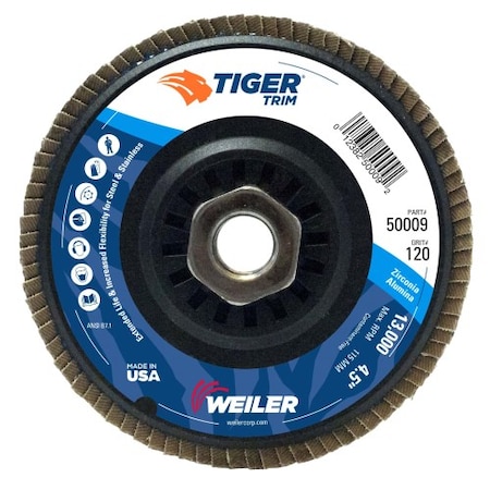 Weiler 4-1/2" Tiger Flap Disc, Conical (TY29), Backing, 120Z, 5/8"-11 UNC 50009